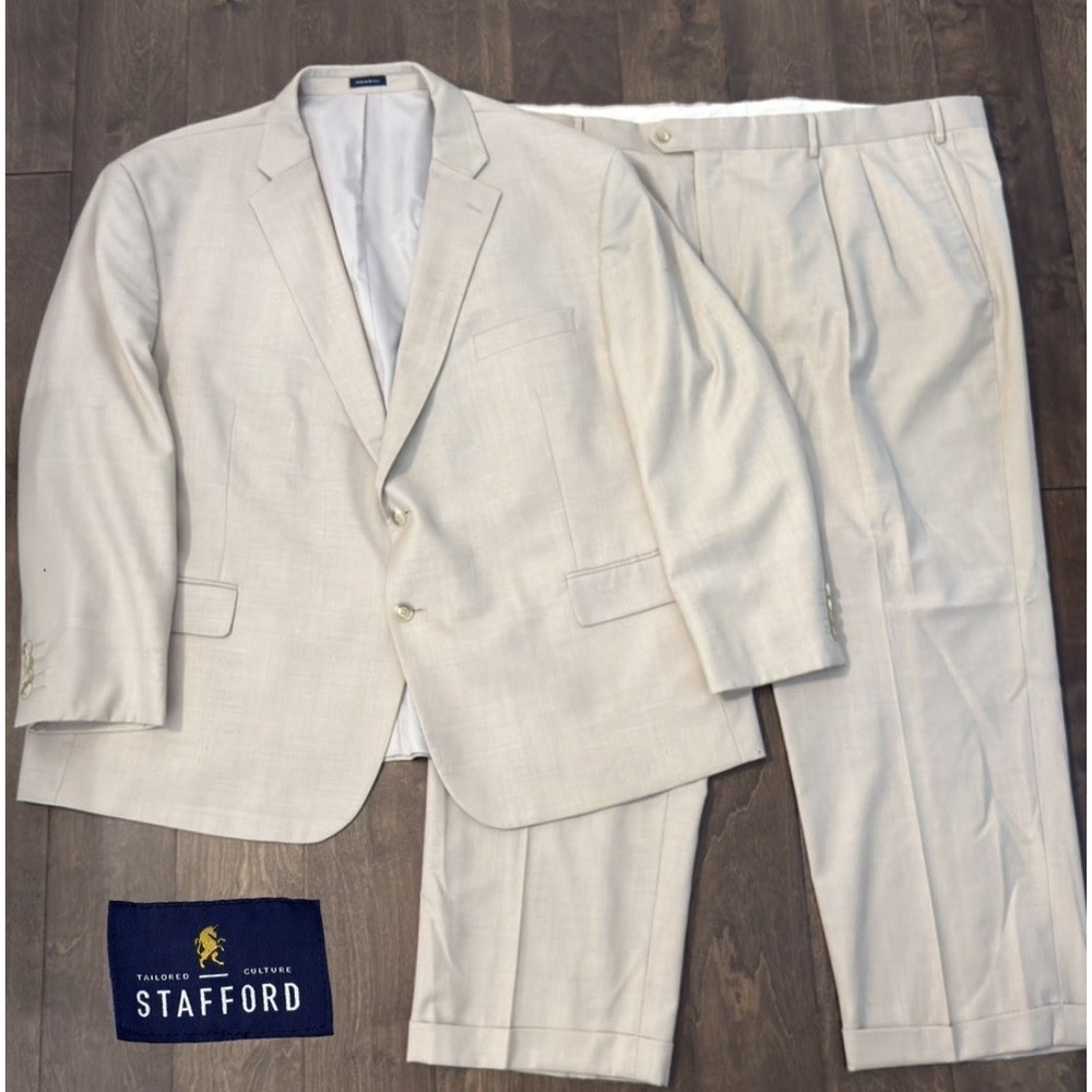 Stafford Mens Wool Stretch Beige 2PC Suit Jacket Size 54S Pleated Pants 50X29